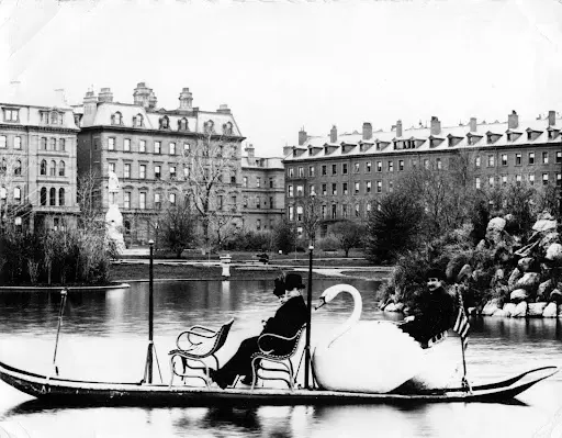 Photograph of a couple riding a swan boat in the Boston Public Garden Object of the Month Revolutionary Spaces Museum collection