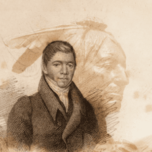 Illustration showing drawn portrait of person wearing coat and short hair superimpose on photo of statue of person wearing feathered head accessory