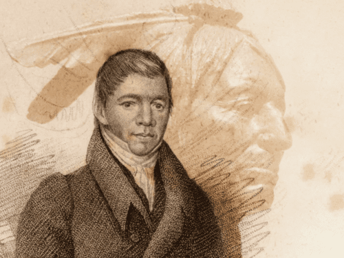 Illustration showing drawn portrait of person wearing coat and short hair superimpose on photo of statue of person wearing feathered head accessory