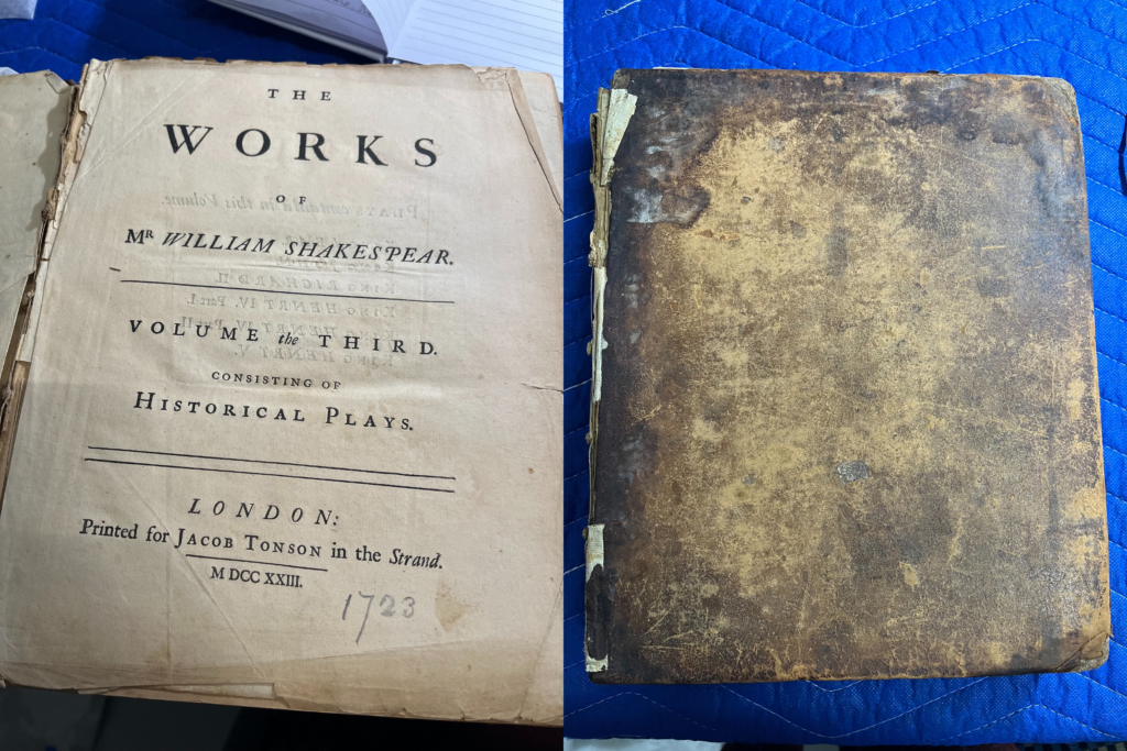 A 1723 volume of William Shakespeare's historical plays, printed by Jacob Tonson, with a worn leather cover.