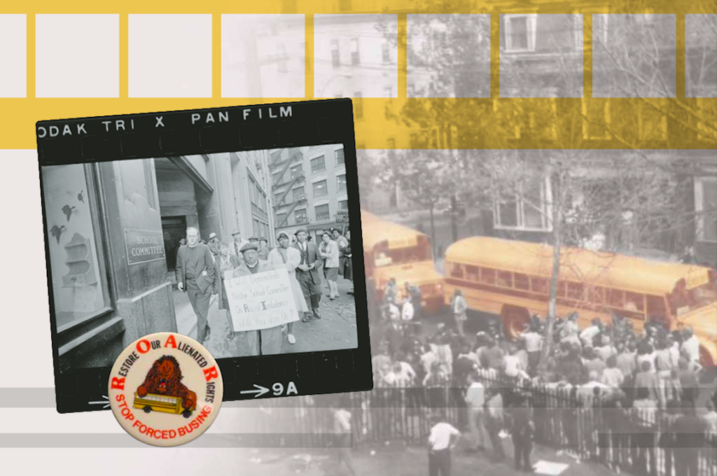 Protesters marching with signs against forced busing, with a rally button and school buses in the background. Associated with Boston desegregation.