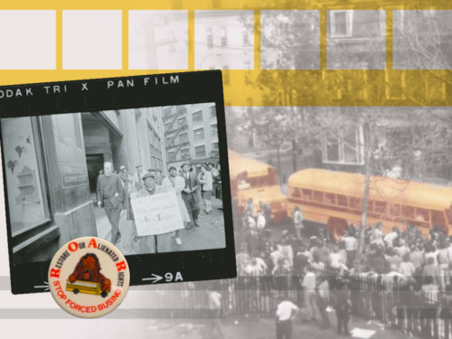 Protesters marching with signs against forced busing, with a rally button and school buses in the background. Associated with Boston desegregation.