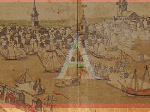 Illustration consisting of translucent white letter A superimposed on historic drawing of Boston's wharves and harbor
