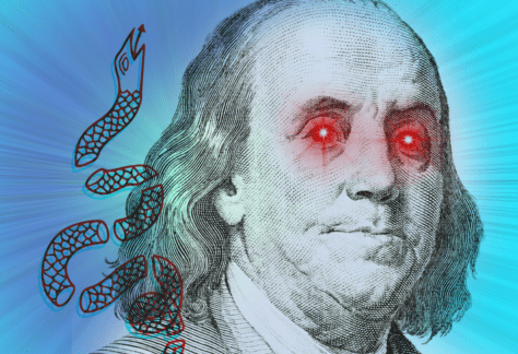 Edited illustration of Benjamin Franklin, adding red laser eyes to engraved portrait, a superimposed line drawing of a snake cut into pieces, and a blue action background