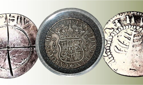 Three antique coins with distinct engravings and symbols are shown.