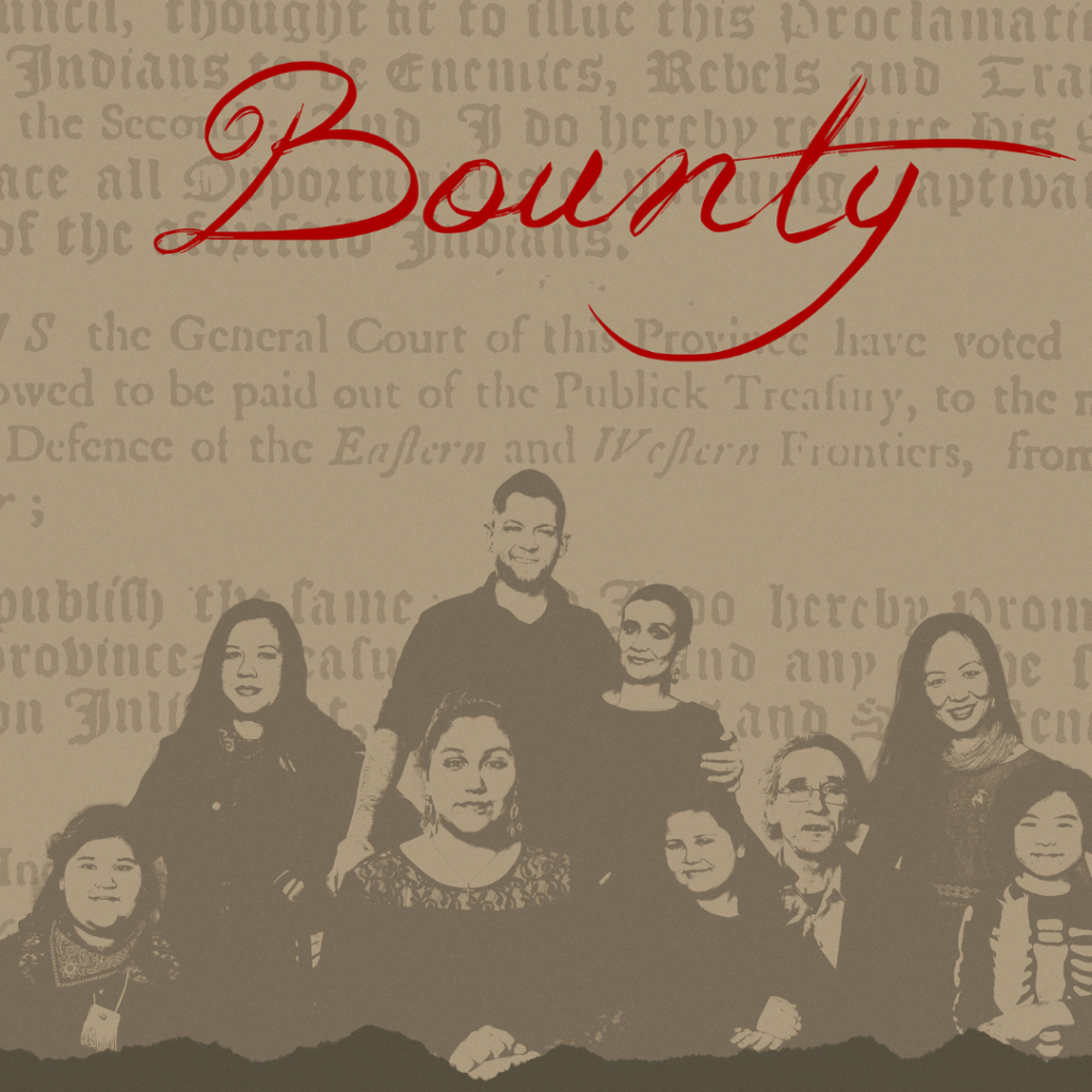 A poster for a film titled "Bounty" featuring a group of people, with text highlighting themes of resistance, remembrance, and justice.