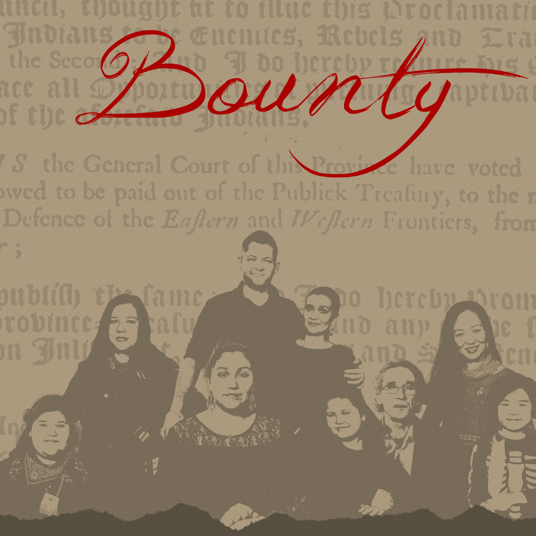 A poster for a film titled "Bounty" featuring a group of people, with text highlighting themes of resistance, remembrance, and justice.