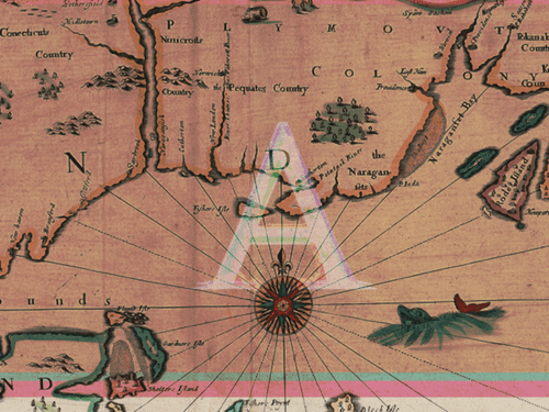 Illustration consisting of a translucent white letter A superimposed on a historic coastline map