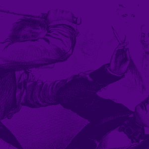 Close-up of illustration depicting a man raising a cane to strike another man who is holding a quill, superimposed on a purple background