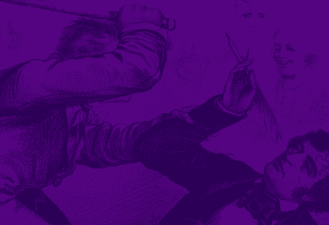 Close-up of illustration depicting a man raising a cane to strike another man who is holding a quill, superimposed on a purple background