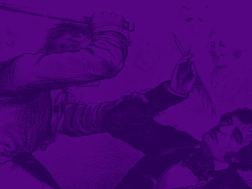 Close-up of illustration depicting a man raising a cane to strike another man who is holding a quill, superimposed on a purple background