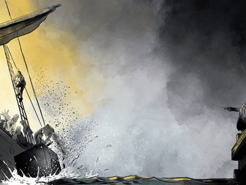 A ship is shown with figures dumping crates overboard, reminiscent of a historical protest.