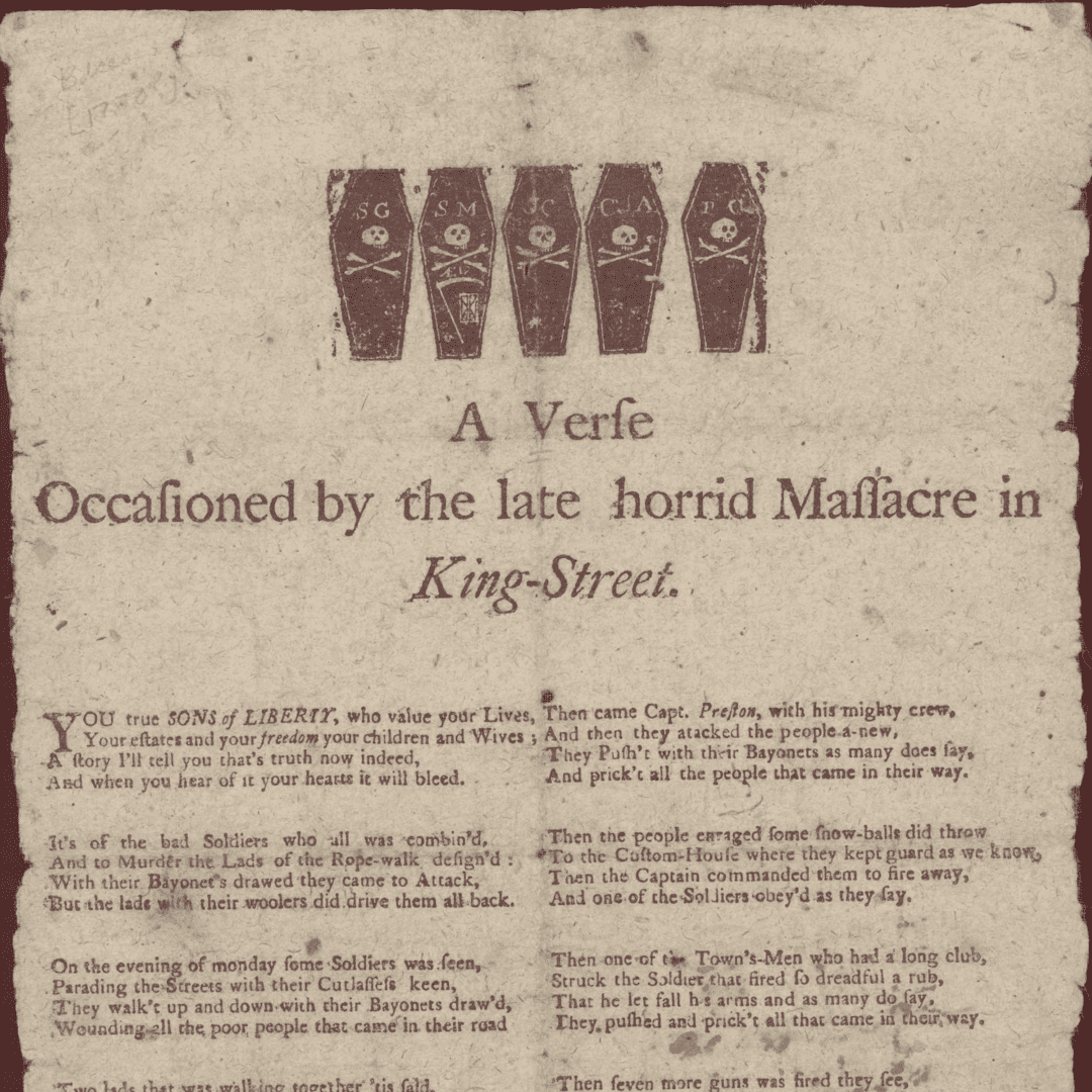 Historic document with five illustrated coffins atop a heading reading "A Verse Occasioned by the late horrid Massacre in King-Street"