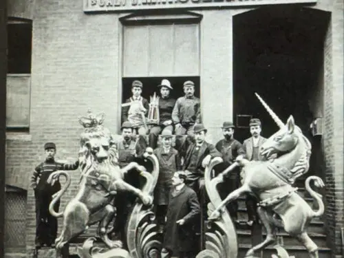 Monthly Spotlight: Moses Gulesian with the restored versions of the lion and unicorn of the Old State House c. 1900–1901
