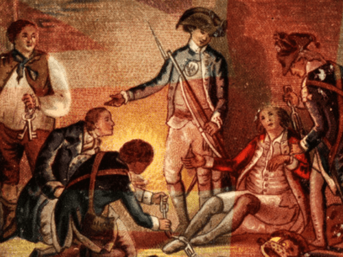 Illustration depicting men wearing dark uniforms free a man wearing a red coat from shackles