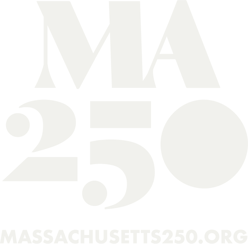 Logo reading "MA 250 Massachusetts250.org" in stylized ivory text