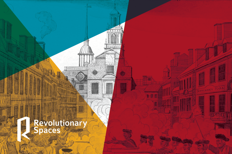 An artistic depiction with Revolutionary Spaces graphics, referencing the history of the Boston Massacre.