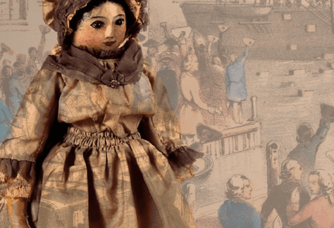 Children's doll in colonial garb superimposed on illustration of Boston Tea Party