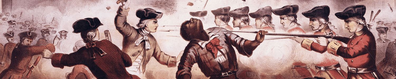 Depiction of a historical skirmish involving soldiers and civilians in period clothing, possibly referencing the Boston Massacre.