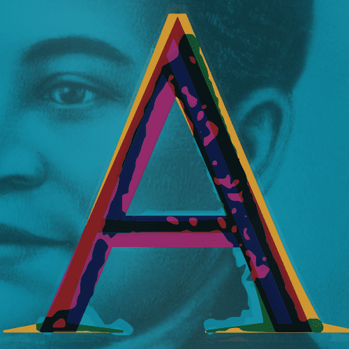 A stylized letter 'A' is overlaid on a blue-toned portrait, possibly representing Crispus Attucks.