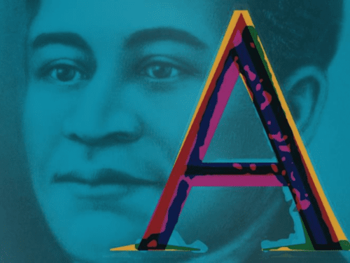 A stylized letter 'A' is overlaid on a blue-toned portrait, possibly representing Crispus Attucks.
