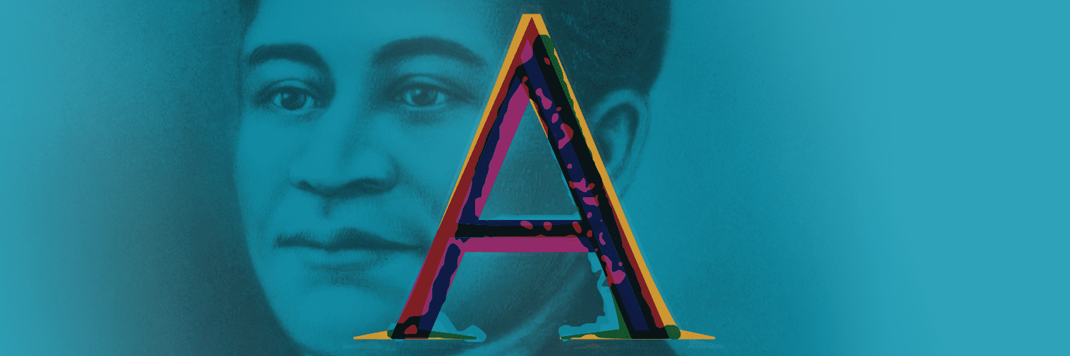 A stylized letter 'A' is overlaid on a blue-toned portrait, possibly representing Crispus Attucks.