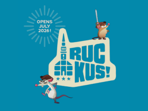 Graphic saying Ruckus Opens July 9 2026 with two animated mice