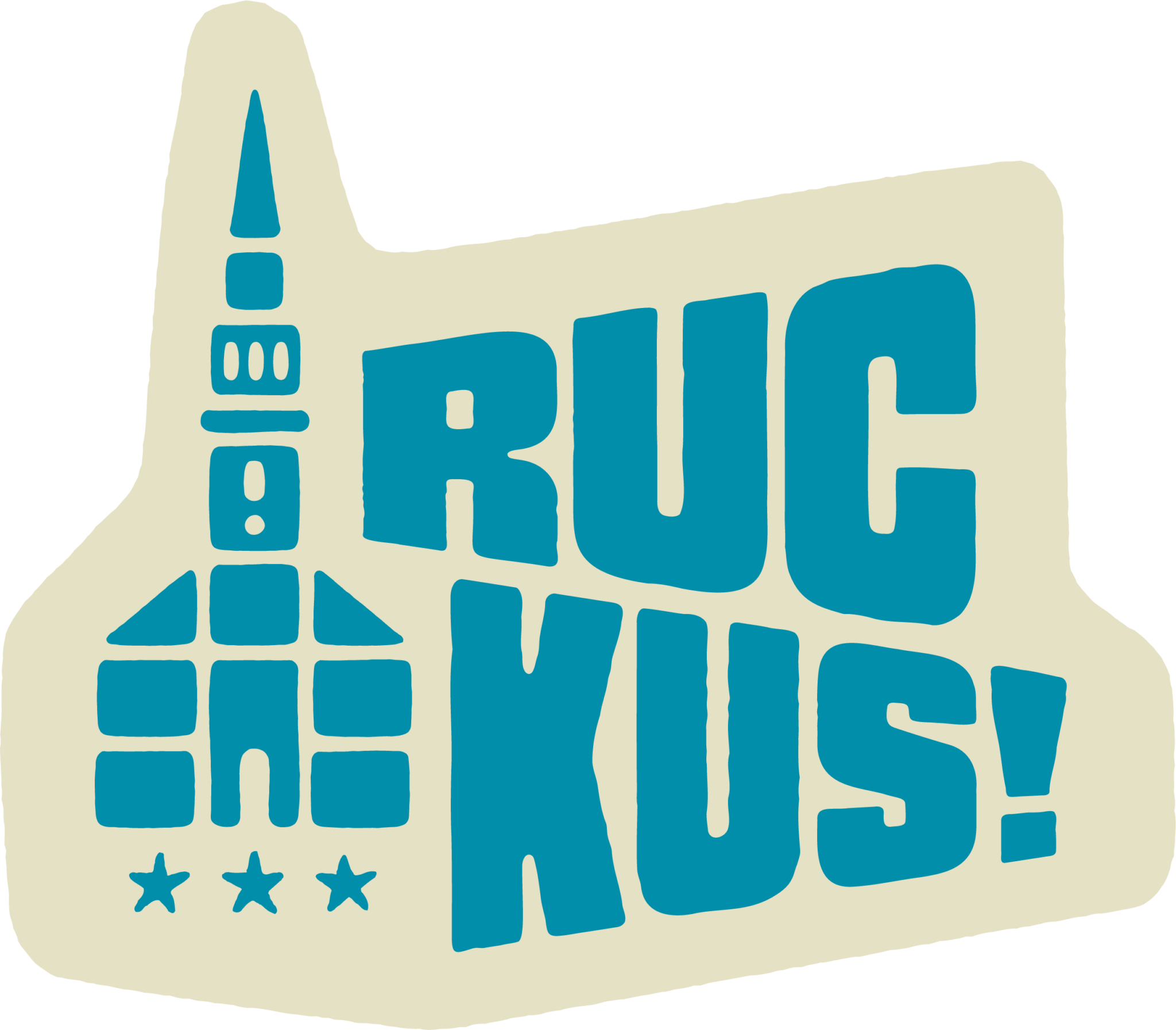 Logo featuring "Ruckus" in all caps followed by an exclamation point, to the right of a block-print styled illustration of a building with a steeple, both in red-orange against a beige background