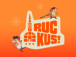 Graphic with Ruckus! logo and two animated mice