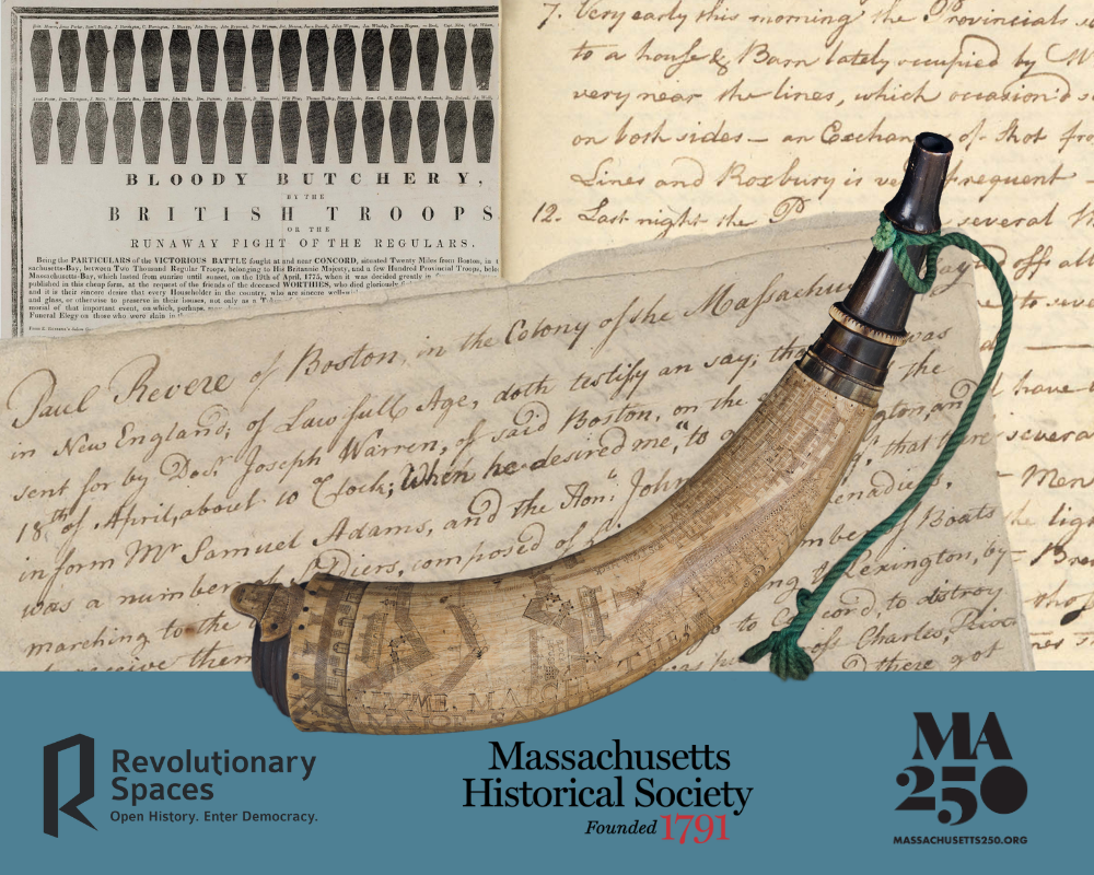Collage of Revolutionary War items, including a historical document and a powder horn, with logos of Massachusetts organizations.