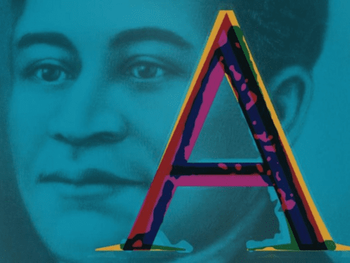 A stylized letter 'A' is overlaid on a blue-toned portrait, possibly representing Crispus Attucks.