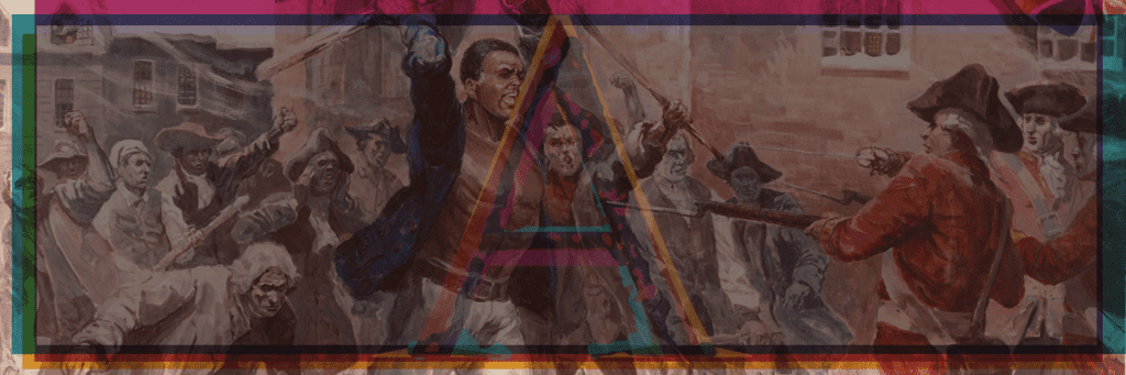 Depicts a historical confrontation between colonists and British soldiers, featuring Crispus Attucks.