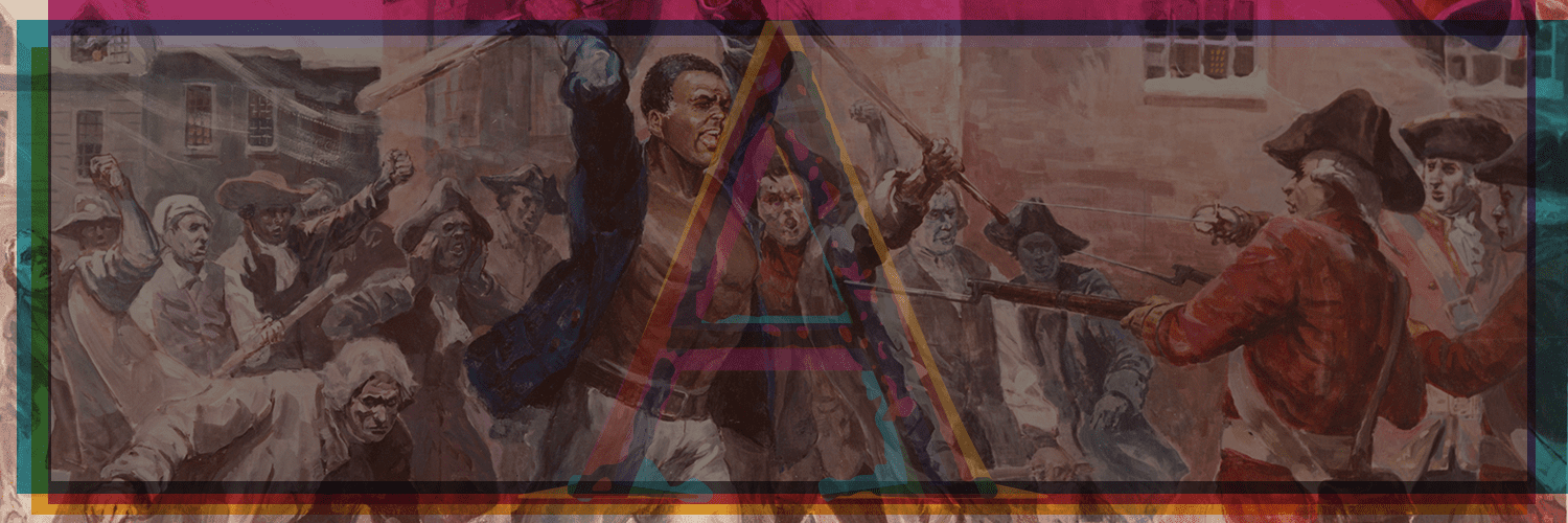 Depicts a historical confrontation between colonists and British soldiers, featuring Crispus Attucks.