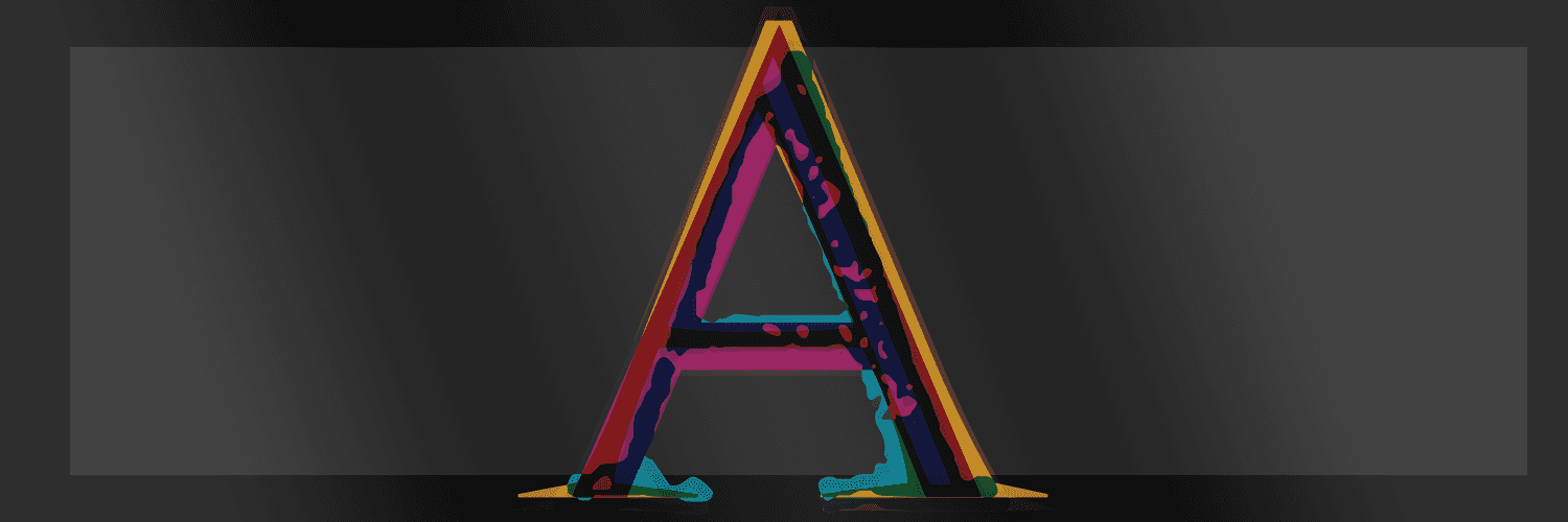 A large, colorful letter "A" with a multicolored pattern on a dark background.