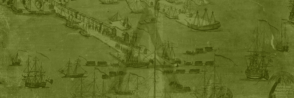 A historical map depicts a busy harbor with numerous sailing ships and buildings along the waterfront.