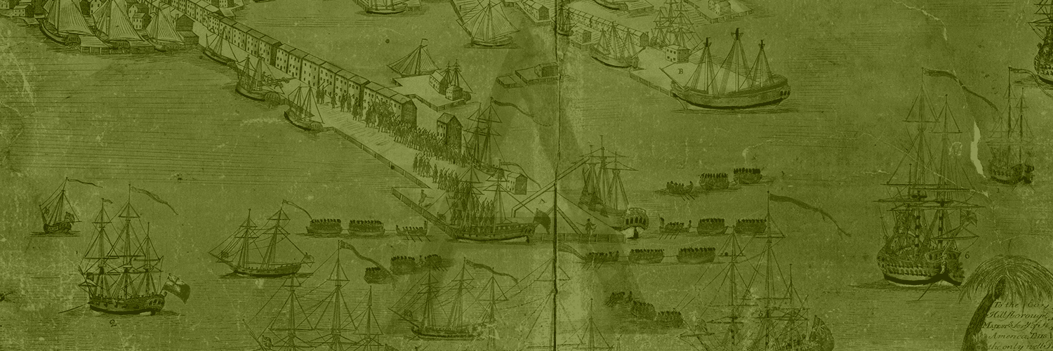 A historical map depicts a busy harbor with numerous sailing ships and buildings along the waterfront.