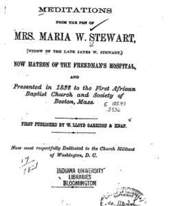 Maria Stewart’s “Meditations,” delivered in Boston in 1832. Library of Congress Blog.