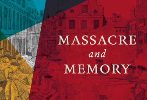 A graphic with "Massacre and Memory" text, showing stylized historic buildings in Boston with colorful geometric overlays.
