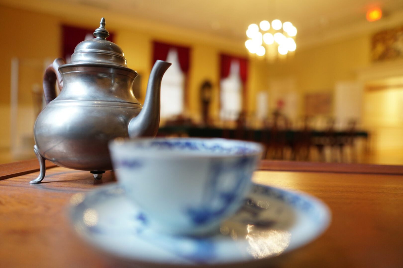 Close-up of a teapot and teacup in the Council Chamber at Old State House.