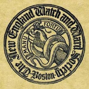 Emblem of the New England Watch and Ward Society, featuring a hand with the motto "MANU FORTI."