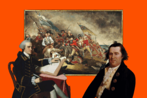 A composite image on orange, showing a framed American Revolution battle painting behind two historical portraits of men.